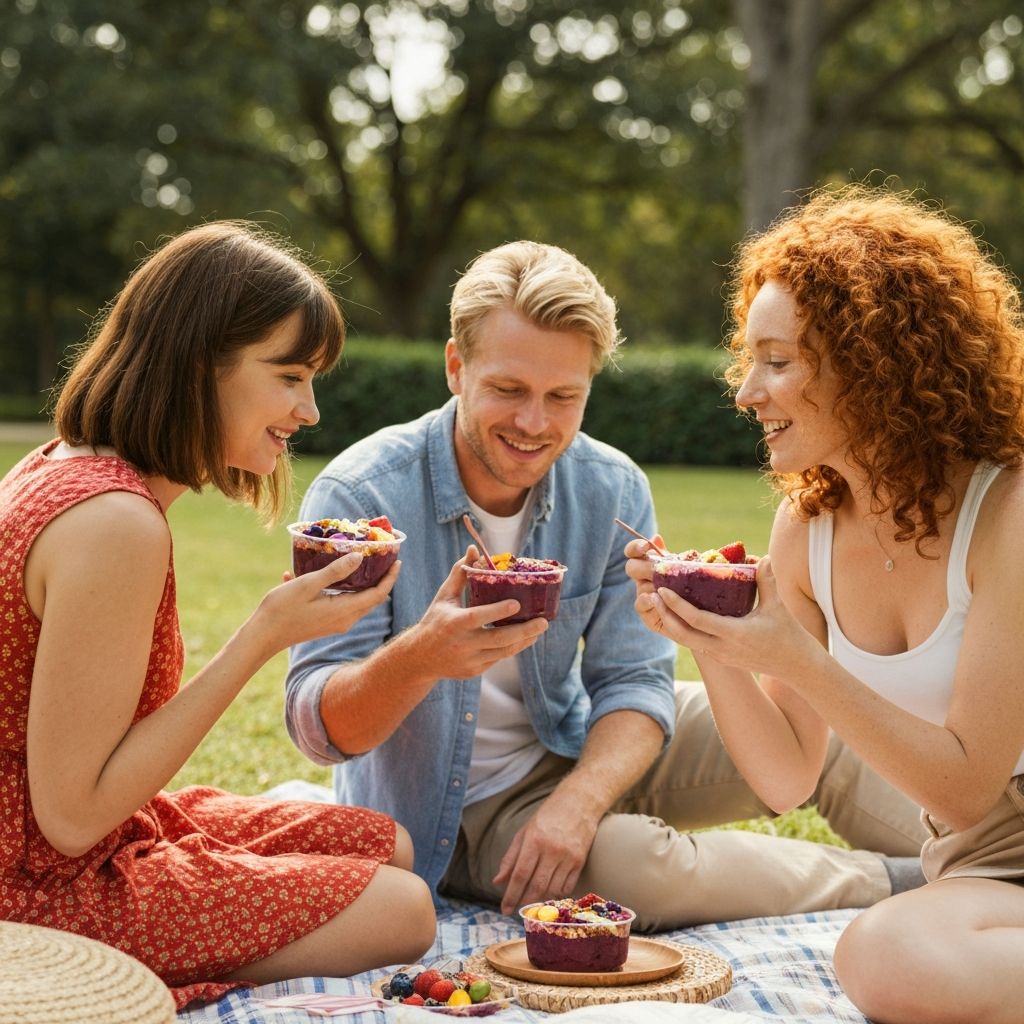 Amigos compartiendo açaí en el parque