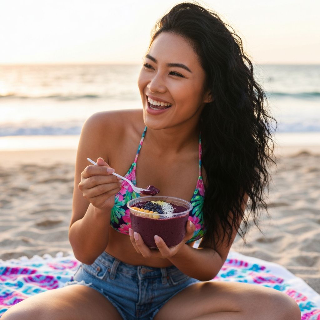 Persona disfrutando açaí en la playa